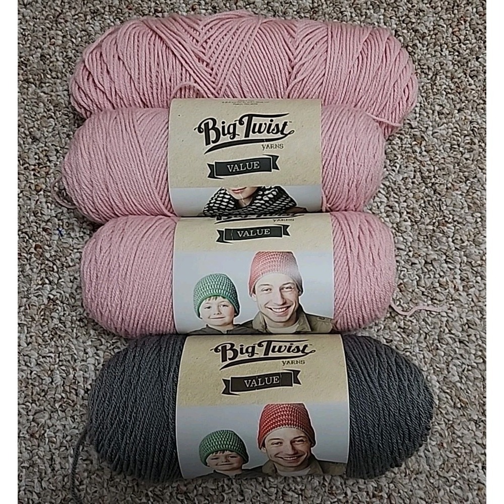 Big Twist Value Yarn Lot Of 4  Medium 4 Worsted 100% Acrylic Pink Gray India